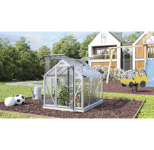 Kleine kas met open deur in de tuin