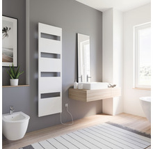 Moderne badkamer met bidet, wastafel, spiegel en witte radiator