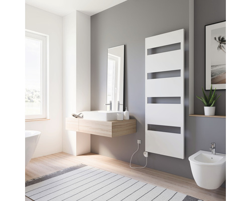 Badkamer met wastafel, spiegel, verwarming, bidet en gestreept vloerkleed