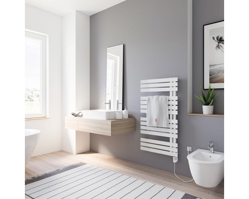 Moderne badkamer met wastafel, spiegel, radiator, bidet en badmat.
