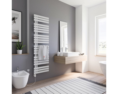 Badkamer met handdoekradiator, wastafel, spiegel, bidet en vloerkleed