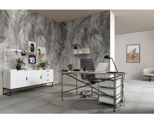 Moderne studeerkamer met bureau, bureaustoel, dressoir en fotobehang