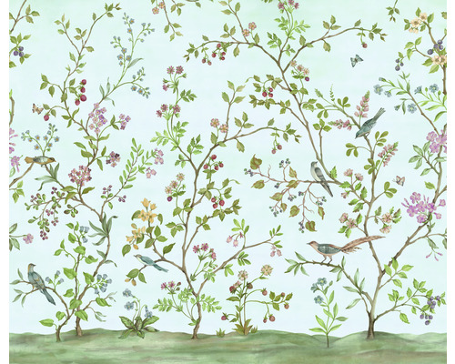 Behang met vogel-, bloem- en bessenpatroon
