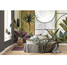 Slaapkamer met fotobehang met tropische plantmotieven, bed en nachtkastje
