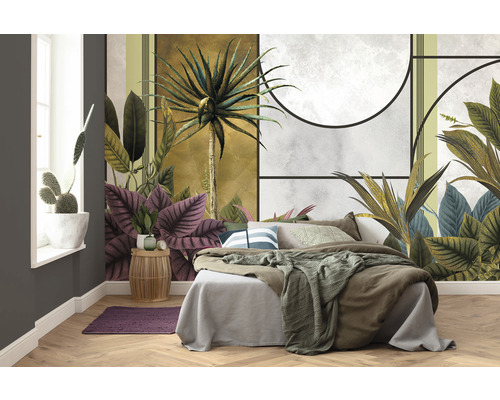 Slaapkamer met fotobehang met tropische plantmotieven, bed en nachtkastje