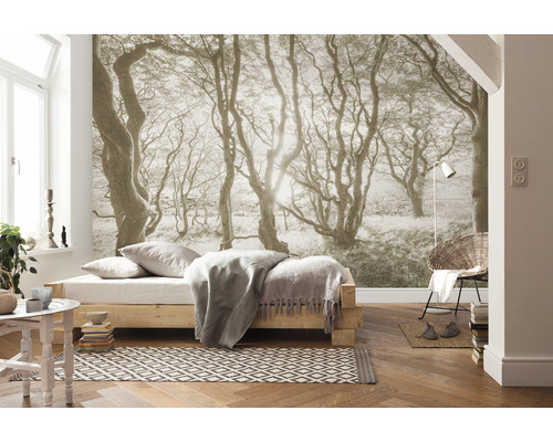 Overzicht van een slaapkamer met fotobehang, bed en stoel