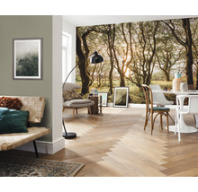 Woonkamer met fotobehang van een bos, bank, fauteuil, tafel en parketvloer