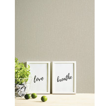 Close-up van een beige structuurbehang met twee fotolijsten en een plant