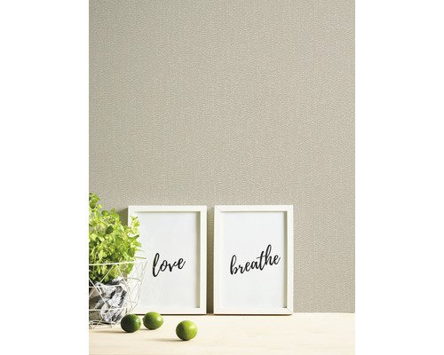 Close-up van een beige structuurbehang met twee fotolijsten en een plant