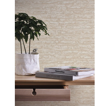 Scene met plant, boeken en behang in steenlook