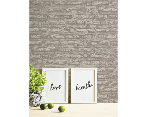 Woonkamer scène met bakstenen behang, potplant en ingelijste posters