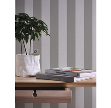 Kamerbeeld met gestreept behang, plant en houten tafel