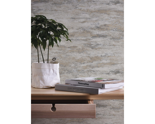 Decoratieve wanddecoratie met plant in pot en boeken op een houten tafel