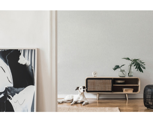 Woonkamer met houten dressoir, decoratie en hond