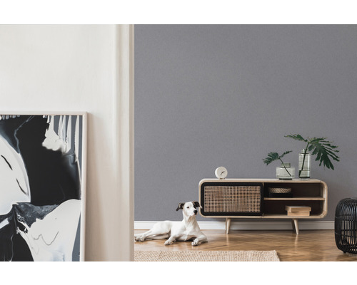 Woonkamer met grijze muur, dressoir en hond