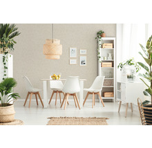 Lichte eetkamer met eettafel, stoelen, hanglamp en decoratie