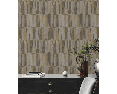 Behang met geometrisch patroon in houtlook voor binnenshuis