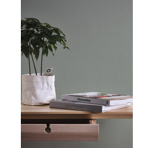 Decoratieve opstelling met plant, boeken en houten meubels tegen een effen wand.