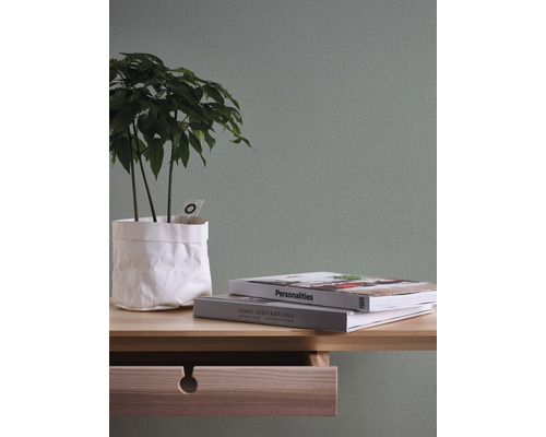 Decoratieve opstelling met plant, boeken en houten meubels tegen een effen wand.