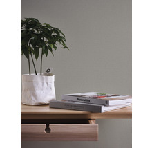 Close-up van een tafel met plant, boeken en open lade tegen een gestructureerde wand