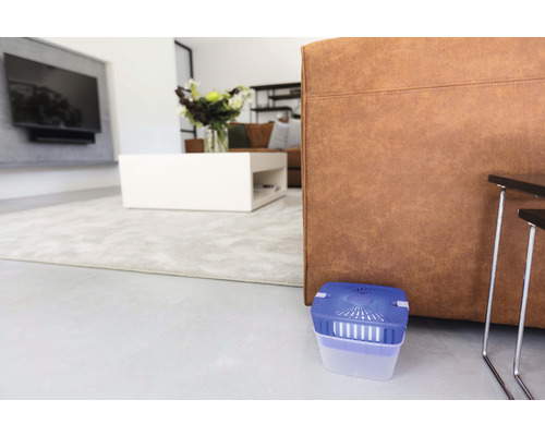 Luchtontvochtiger in moderne woonkamer naast leren bank