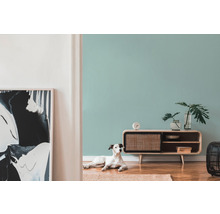 Woonkamer met houten dressoir, tafelklok, kamerplanten, abstracte kunst en hond