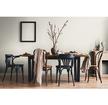 Lichte eetkamer met houten tafel, stoelen en decoratieve elementen voor een gezellige sfeer.