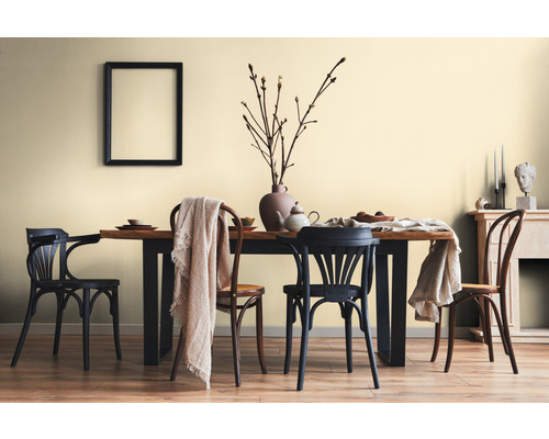 Eetkamer met houten tafel, stoelen en decoraties in een heldere kamer.