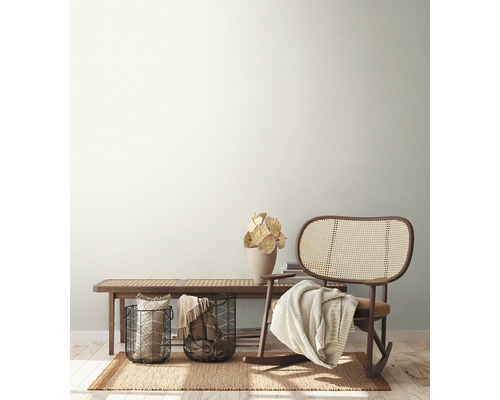 Woonkamer met rotan stoel, houten bank, planten en decoratie op een tapijt