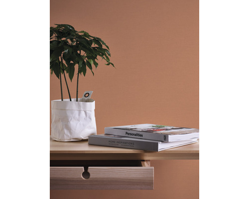 Decoratieve scène met kamerplant in een witte papieren zak, twee boeken en een houten tafel met open lade