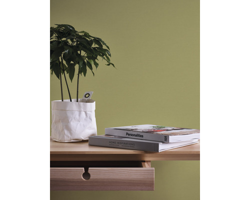 Decoratief stilleven met kamerplant, boeken en een tafel met lade