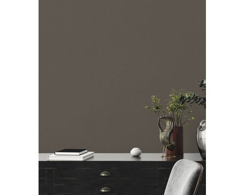 Decoratief interieur met een zwarte kast, planten, kunstvoorwerpen en een stapel boeken