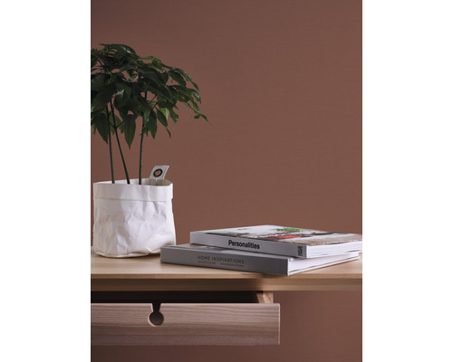 Decoratieve opstelling met plant in papieren zak, boeken en open ladetafel