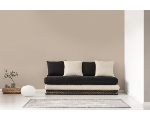 Futon met kussens op een vloerkleed in een woonkamer