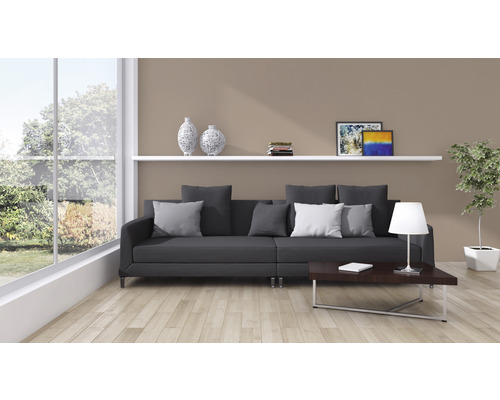 Woonkamer met bank, salontafel, plank en kamerplant