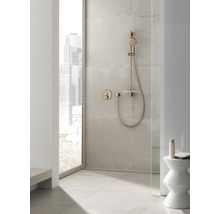 Badkamer met douchearmatuur, handdouche, thermostaat en plank