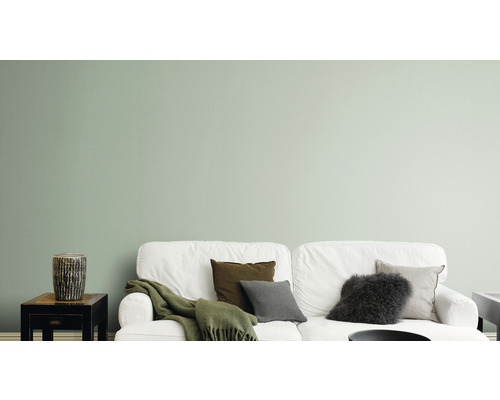 Woonkamer met bank, kussens en muurverf