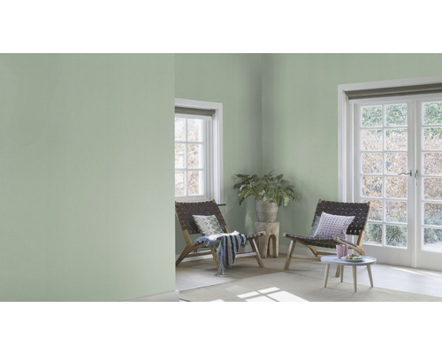 Lichte, vriendelijke kamer met groene muurverf, fauteuils en daglicht