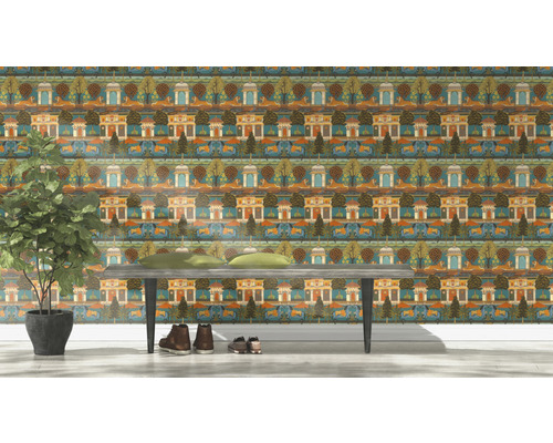 Decoratief behang met huizen, bomen en dieren