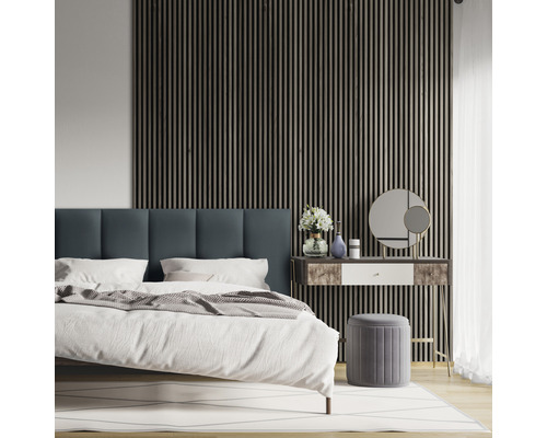 MOLLIS Wandkussen grijsblauw 30x60 cm Lichte slaapkamer met bed, nachtkastje, spiegelkaptafel en wandpanelen