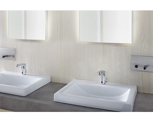 Twee wastafels met kranen en spiegels in een heldere badkamer.