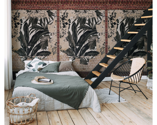 Slaapkamer met bloemen fotobehang, bed en ladder