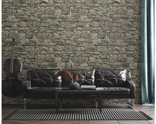 Woonkamer met stenen muur, leren bank en cello