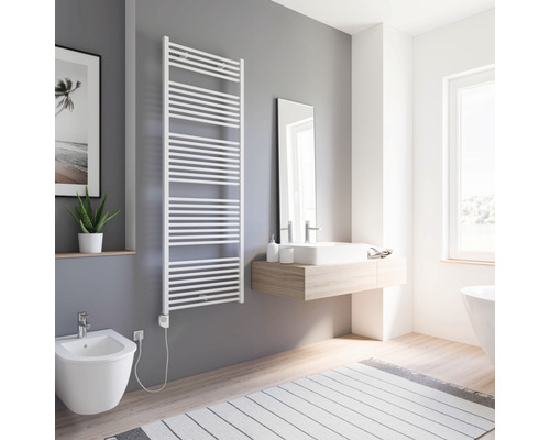 Moderne badkamer met witte handdoekradiator, bidet en wastafel