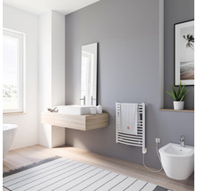 Badkamer met wastafel, spiegel, verwarming en bidet