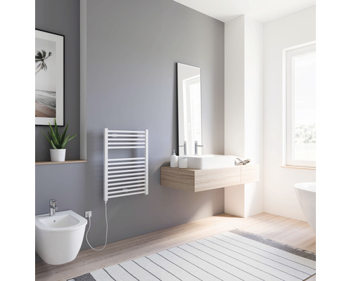 Lichte badkamer met handdoekradiator, bidet, wastafel en spiegel