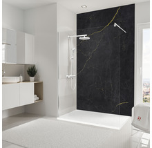Moderne badkamer met douche, wastafel en zwarte marmeren wand