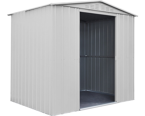 Metalen gereedschapsschuur met open deur