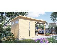 Houten tuinhuis met aanbouw en barbecue in de tuin