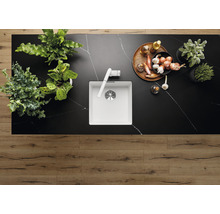 Keukenscène met spoelbak, kraan, kruiden en groenten op een aanrecht